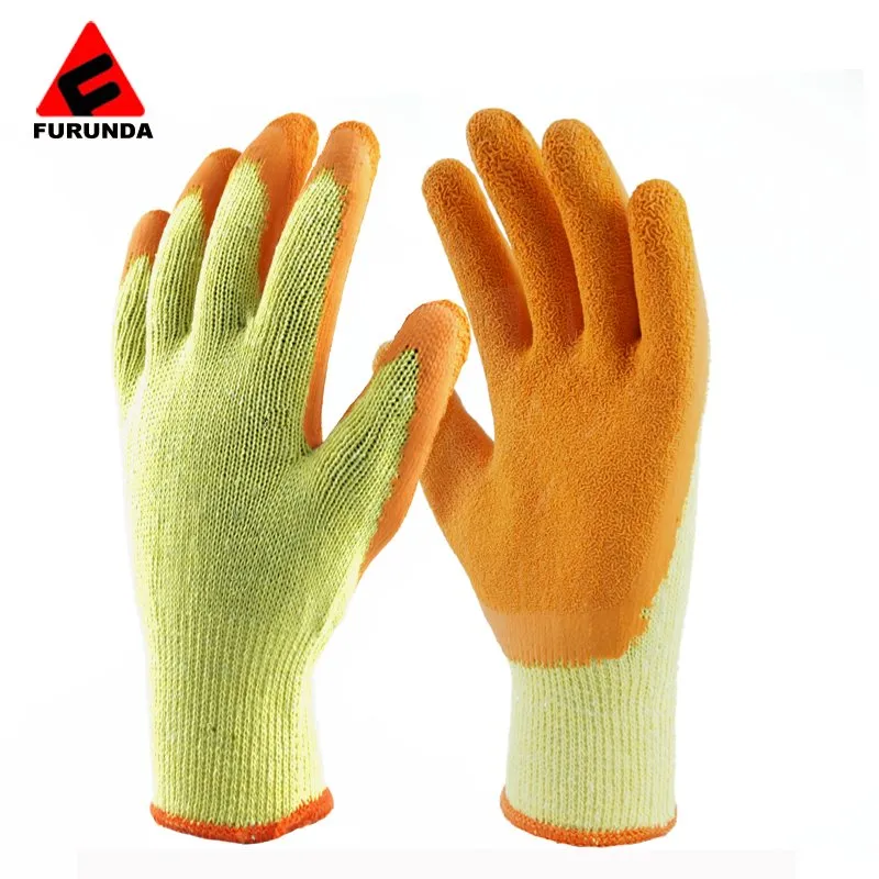 Gants de travail de sécurité trempés dans du latex texturé de rides de gants en coton jaune de calibre 10